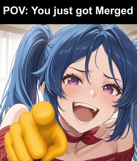 source_anime, masterpiece, best quality, newest, highres, absurdres, masterpiece, best quality, portrait, face focus
 <lora:Laughing at you [IL]:0.8> laughing_at_you, open mouth, pointing at viewer, yellow glove,  laughing, mocking, tears, exaggerated laugh, 
 solo, purple eyes, blue hair, twintails, red cropped shirt,off-shoulder shirt, red ribbon choker <lora:Jay_Marveloroboro_Shaded_ANIME_Style:0.7>, <lora:Mita-Miside-Illustrious-V1:1>,