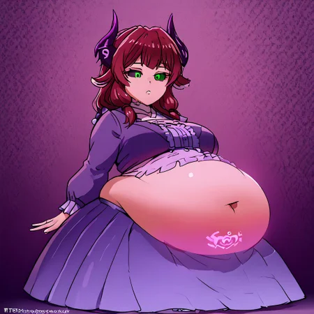 ocgoatchan, purple horn, black horn, glowing horn, big breasts, womb tattoo, 1880_dr3ss, 1890_dr3ss, 1900_dr3ss, 1905_dr3ss, 1910_dr3ss, Fortuny, takeda hiromitsu style, saggy belly, big belly, fat belly, big butt, wide hips, medium breasts, motherly, bell skirt, gown, frills, long sleeves, puffy sleeves, heterochromia, green eye, black sclera,