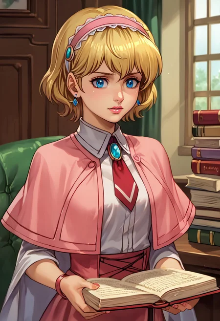 score_9, score_8_up, score_7_up, source_anime,
, (best quality) , (highly detailed) ,masterpiece ,absurdres ,detailed face ,beautiful face ,
<lora:pony_xl_Hildegard:0.8>,Hildegard,score_9,score_8_up,1girl,female,kawaii,solo,short hair,earrings blond hair, wavy hair
  capelet, 1girl, bangs, blue_dress, book, dress, hand_up, lolita_hairband, looking_at_viewer, necktie, pink_hairband, pink_necktie, white_capelet, grimoire_of_alice, holding, holding_book, parted_lips, pink_ribbon, blue_nails, blurry, nail_polish, ribbon, sash, upper_body
best quality, masterpiece, very aesthetic, 
OverallDetail