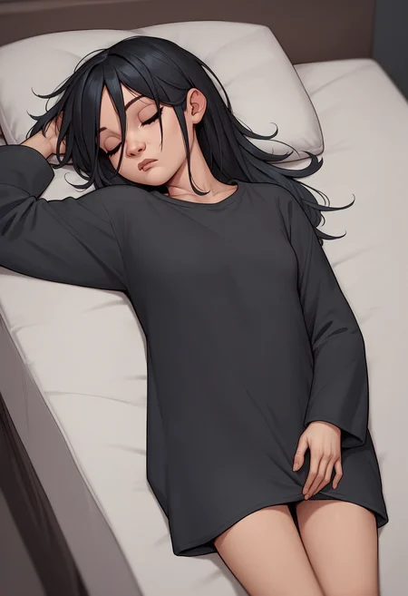 score_9, score_8_up, score_7_up, score_6_up, score_5_up, score_4_up, source_western, source_cartoon, 1girl, <lora:TheFemale:0.7> small breasts, black eyes, black hair, long hair, oversized shirt, black shirt, sleeping,
bedroom background, blurry background,