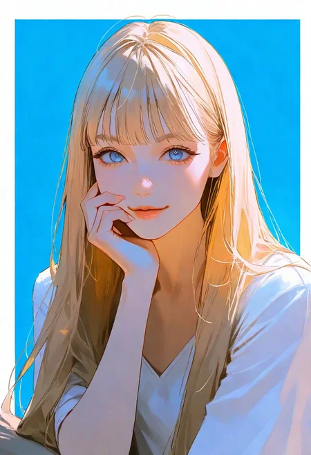 1girl, golden blonde, beautiful, detailed eyes, hair cascading in soft waves \(hairstyle\), young, blue eyes, long hair, bangs, white top, muted colors, {{beautiful detailed face}}, semi-realistic, {{aesthetic}}, {{{best quality}}}, stunning, perfect body, soft features, looking at viewer, {playful|smirking} \(expression\), upper body, leaning, hand on face