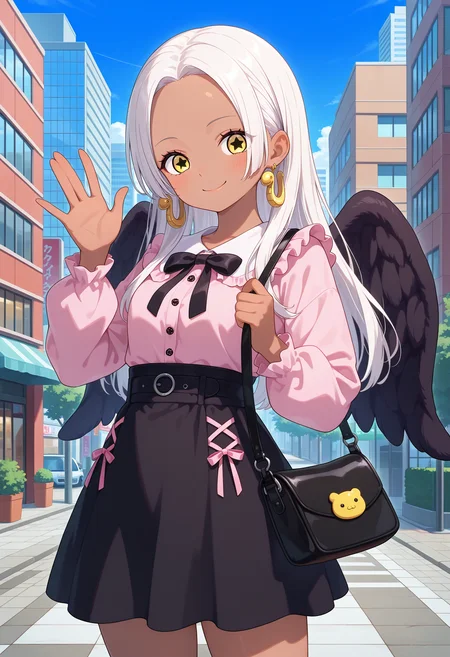 best quality, masterpiece, aass, long hair, white hair, dark-skinned female, earrings, yellow eyes, star-shaped pupils, black wings, <lora:s-snake_ilxl_v1:0.9>, jirai kei, high-waist skirt, black skirt, shoulder bag, smile, waving, standing, cowboy shot, city, street,