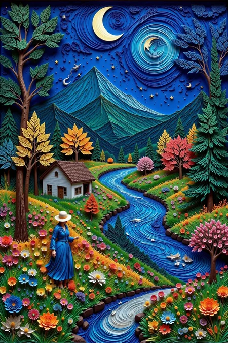 Northern Irish beautiful landscape, bright luminous starry night, woman, very intricate, very detailed, sharp, bright, colorful, <lora:Hand v2:0.5> <lora:Anti-Blur:1><lora:Insane Detail Slider:0.25> <lora:flux.1_lora_flyway_Epic-detail_v2:0.3><lora:fluxenhancer:0.3> <lora:Paper_quilling_and_layering_style_v2:1.1> Paper Quilling, Layered Paper