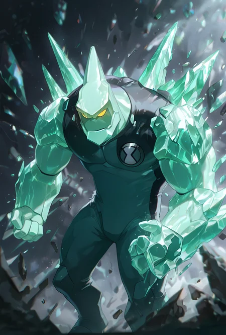 <lora:diamondhead-06:1> diamondhead, robot, yellow eyes, solo, 1boy, no humans, pokemon (creature), armor, spikes, yellow sclera, green skin, cartoon, <lora:WSSKX_WAI:1> crystals everywhere, angry, grey background,, masterpiece, best quality, amazing quality, very aesthetic, absurdres, newest,