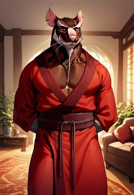 score_9_up, score_8_up, score_7_up, high quality, detailed, source_furry, male, solo male, 1boy, Splinter, broad shoulders, mature male, red eyes, athletic build, animal ears, rat, brown body, bushy eyebrows, facial hair, beard, anthro, anthro male, smiling, looking at viewer, arms behind back, bust shot, half-body shot, living room, indoors, red robe