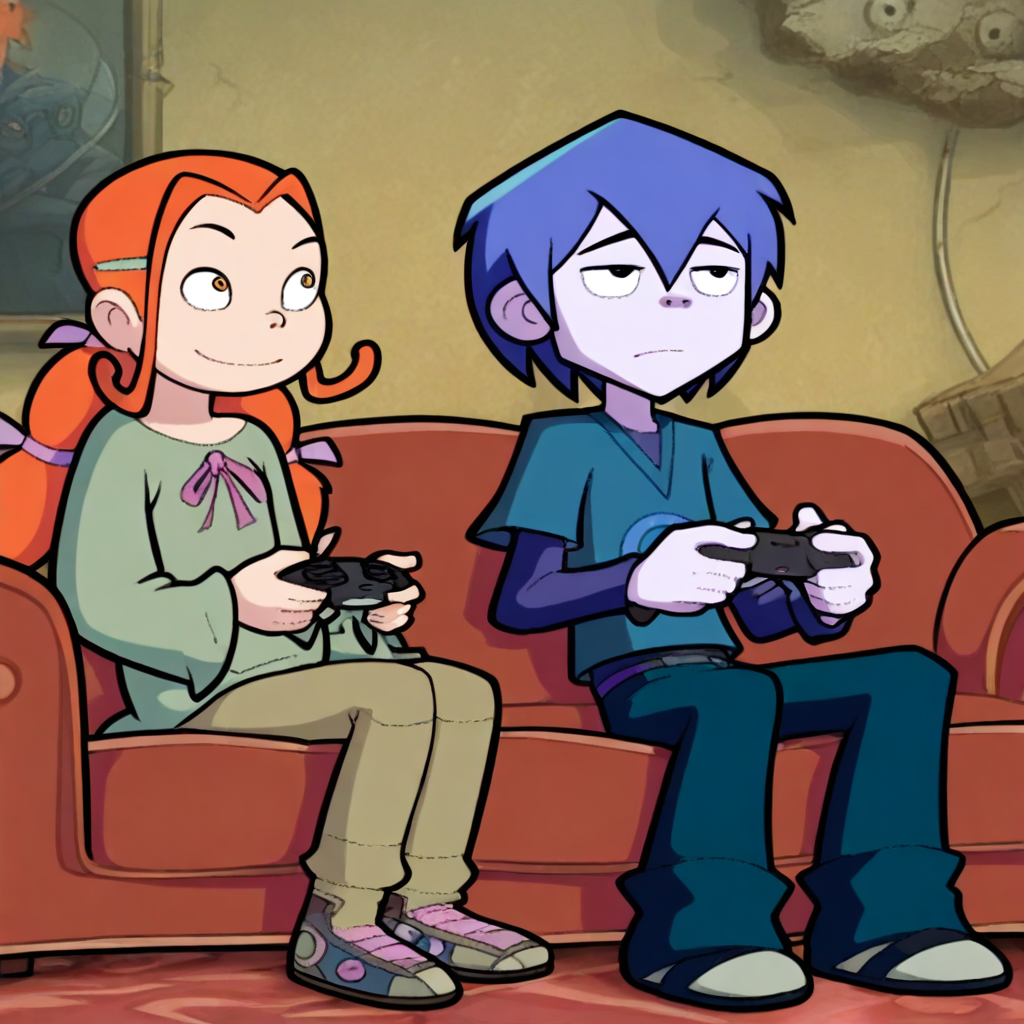 Masterpiece, best quality, ze_el, (1boy, zeke_ma, blue hair, short hair), break, (1girl, elena_ma, orange hair, twintails), sitting, sofa, game controller, looking at another