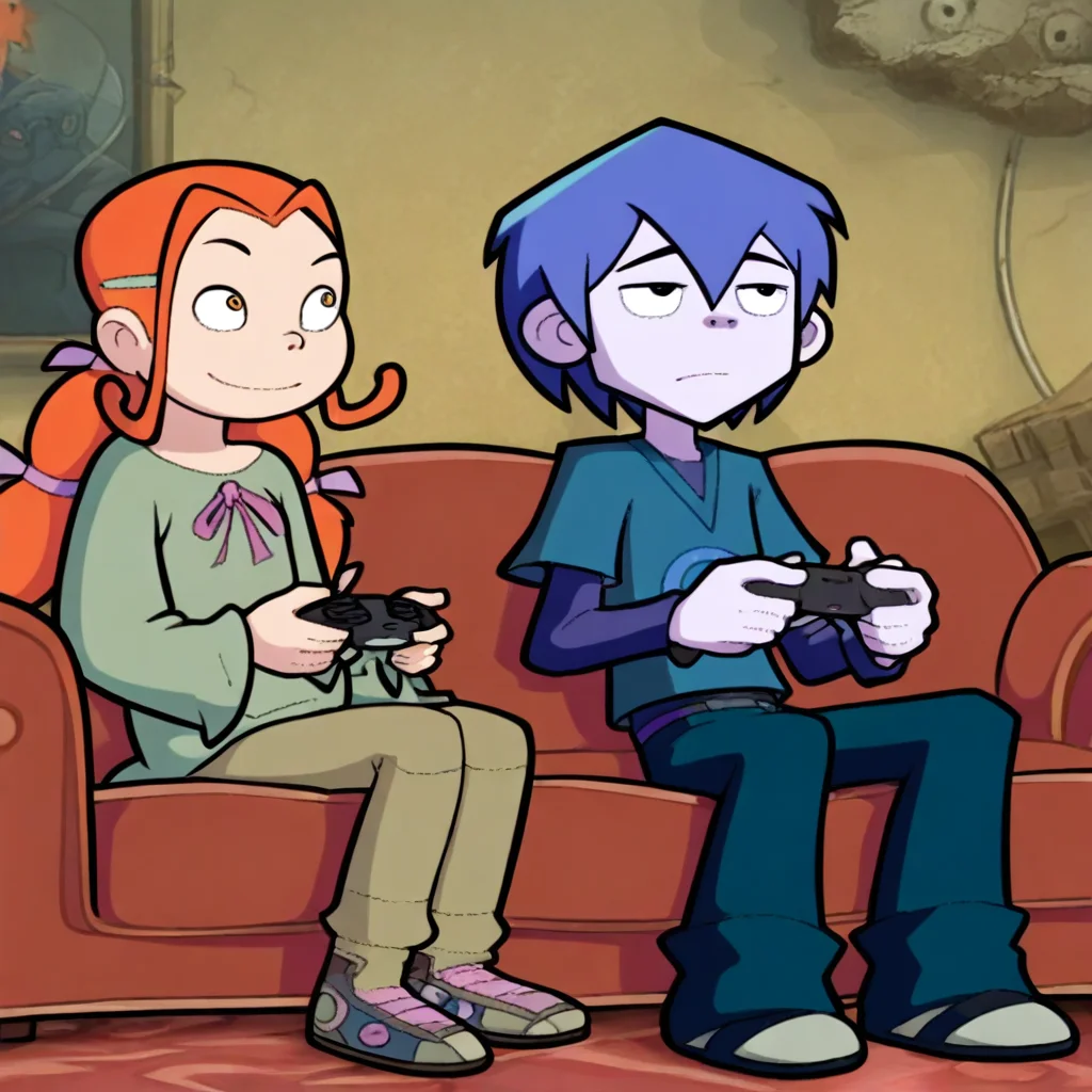 Masterpiece, best quality, ze_el, (1boy, zeke_ma, blue hair, short hair), break, (1girl, elena_ma, orange hair, twintails), sitting, sofa, game controller, looking at another