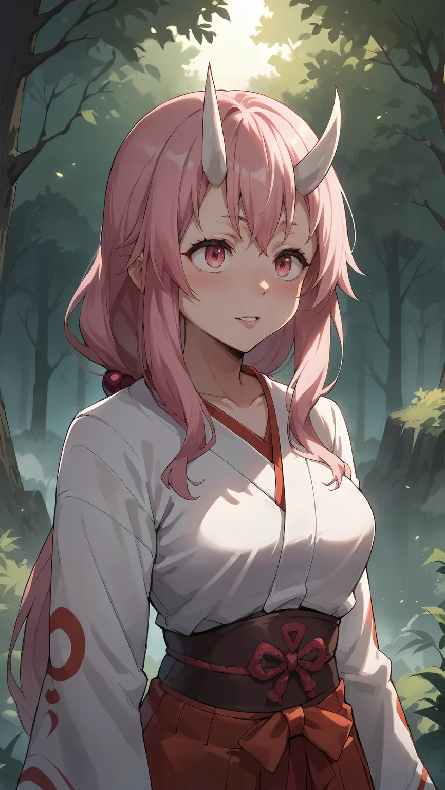 score_9,score_8_up,score_7_up,score_6_up, source_anime, zPDXL, <lora:Shuna - Pony-000004:0.7>, girl, low-tied long hair, pink hair, white oni horns, pink eyes, miko, red hakama, <lora:Wakfu_CartoonV02:0.5>, <lora:xl_more_art-full_v1:0.5>, mist, dense fog, pine forest, dim lighting, sunrise, crawling,