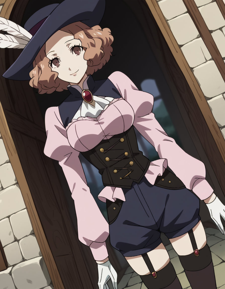 score_9, score_8_up, score_7_up, source_anime, <lora:haru-okumura-s1-ponyxl-lora-nochekaiser:1>, haru okumura, brown eyes, brown hair, short hair, medium breasts, anime screencap, black thighhighs, brooch, corset, feathers, frills, garter straps, gloves, hat, hat feather, jewelry, long sleeves, puffy long sleeves, puffy sleeves, shorts, skindentation, thighhighs, tight clothes,, village, houses, community, rural, farms, smile, <lora:gendou-pose-ponyxl-lora-nochekaiser:1>, gendou pose, own hands clasped, own hands together, parody,, looking at viewer, solo,, dutch angle, cowboy shot