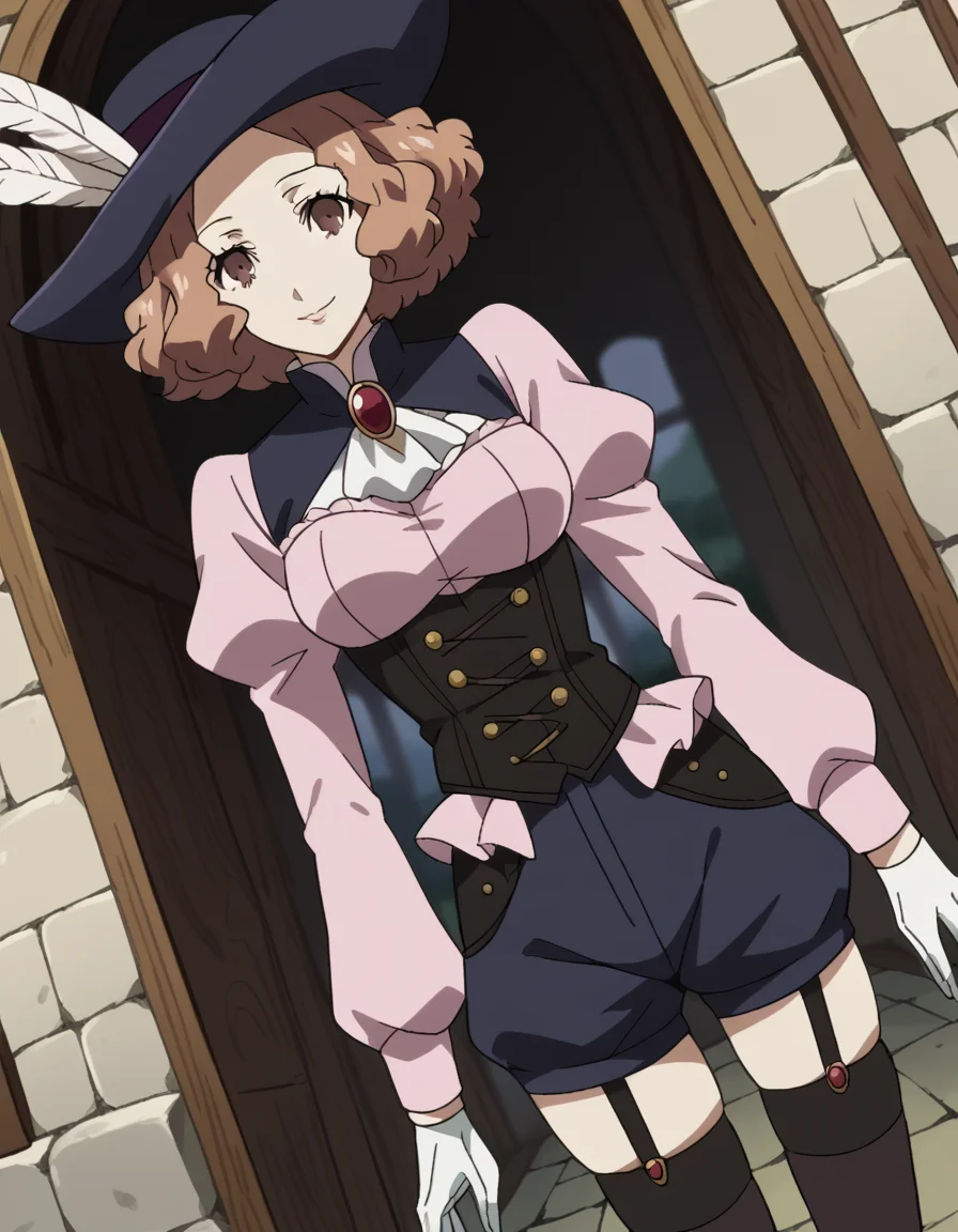 score_9, score_8_up, score_7_up, source_anime, <lora:haru-okumura-s1-ponyxl-lora-nochekaiser:1>, haru okumura, brown eyes, brown hair, short hair, medium breasts, anime screencap, black thighhighs, brooch, corset, feathers, frills, garter straps, gloves, hat, hat feather, jewelry, long sleeves, puffy long sleeves, puffy sleeves, shorts, skindentation, thighhighs, tight clothes,, village, houses, community, rural, farms, smile, <lora:gendou-pose-ponyxl-lora-nochekaiser:1>, gendou pose, own hands clasped, own hands together, parody,, looking at viewer, solo,, dutch angle, cowboy shot