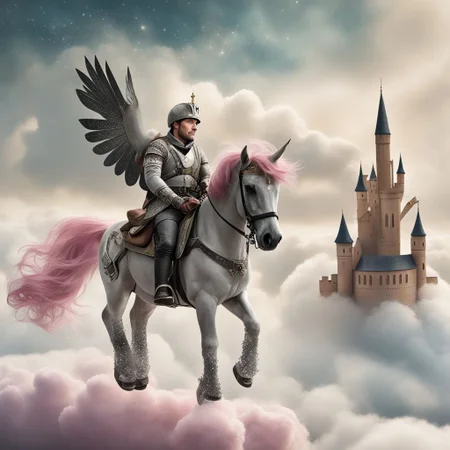 A professional photo of a man riding an MLPIRL standing on a cloud with a castle in the background in the sky with clouds and stars around and a pink tail <lora:MLPIRL_-_My_Little_Pony_In_Real_Life:1>