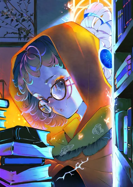 by yoneyama mai, by poire
by yogisya
1girl cleavage, robe
explores a dimly lit attic filled with old books, casting eerie shadows on the walls. close up
magic library
colorful
gradient
glowing particles
warm lights,