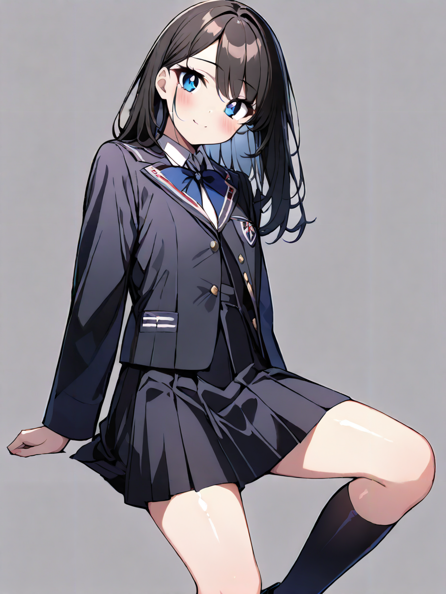 masterpiece,ultra-detailed,best quality,8K,illustration,cute face,clean skin ,shiny hair,solo,girl,ultra-detailed-eyes,simple background,   <lora:jyoji formal_XL_illustrious_V1.0:1> jyojifuku, dress, long sleeves, jacket,school uniform,kneehighs
