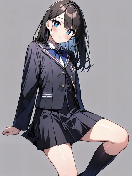 masterpiece,ultra-detailed,best quality,8K,illustration,cute face,clean skin ,shiny hair,solo,girl,ultra-detailed-eyes,simple background, <lora:jyoji formal_XL_illustrious_V1.0:1> jyojifuku, dress, long sleeves, jacket,school uniform,kneehighs
