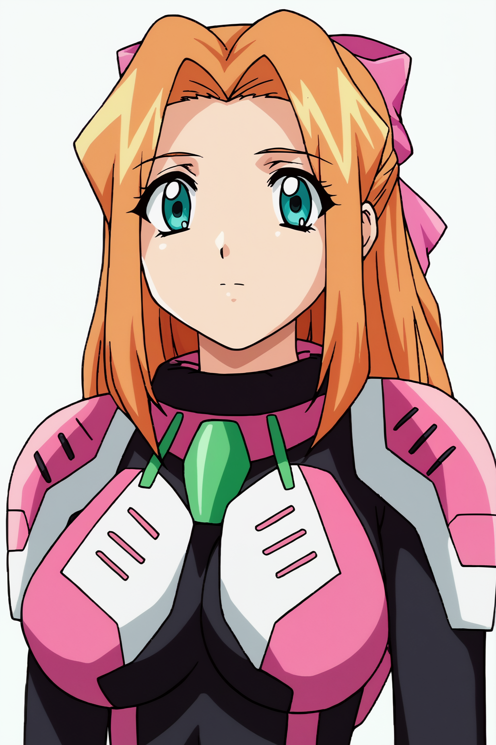 <lora:JoscoePOREvoPDXL:0.8>, white background,  Suzanna, solo, bow, armor, bodysuit, pink bow, black bodysuit, pilot suit