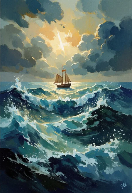 Create a photorealistic  drawing in the style of Ivan Aivazovsky depicting a stormy sea. Image is drawn with oil on canwas with characteristic brush strokes and texture. Colossal waves ravage the scene under dark clouds with sigle streak of light coming through the opening highlithing a lonely ship trying to survive the weather. OverallDetailXL, highly detailed, aesthetic, great lighting, extremely detailed,  award winning, perfect composition, a rich and complex image of nature, a vibrant tissue of hues and textures captured digitally, best quality, realistic, captivating, intricately detailed, hyper detailed, maximalist style, photorealist, sharp focus, dynamic lighting, superb composition, finest details, highest aesthetics, best quality, sharp focus, high contrast, stylized, clear, colorful, ultra quality, 8k, best quality, masterpiece,midjourneyv6.1