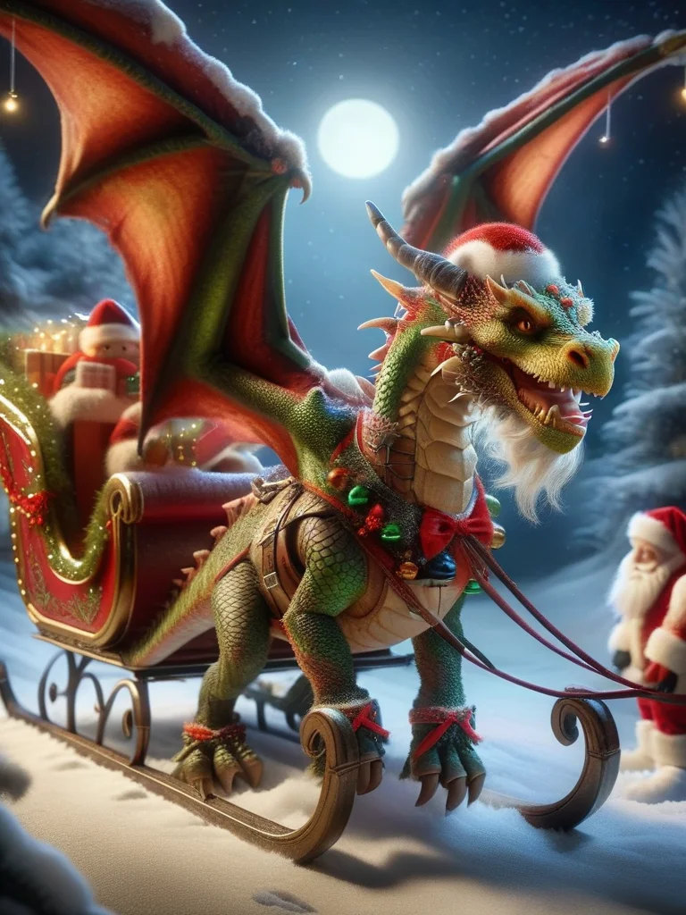 ral-santasleigh, a photorealistic dragon decorated pulling Santas sleigh, the dragon is adorned with a festive colorful harness <lora:ral-santasleigh-sdxl:1>