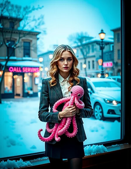 tall, slim, 19yo danish female, long blonde v-cut wavy hair, full lips, freckles, in grey blazer, blouse, black skirt, pantyhose, loafers, holding toy pink octopus,, indoors, office, window, Berlin, heavy snowy outside, snow storm, artificial lights, flourescent light inside, neon light oustide, neon glowing  <lora:sameface2:-0.6> woman