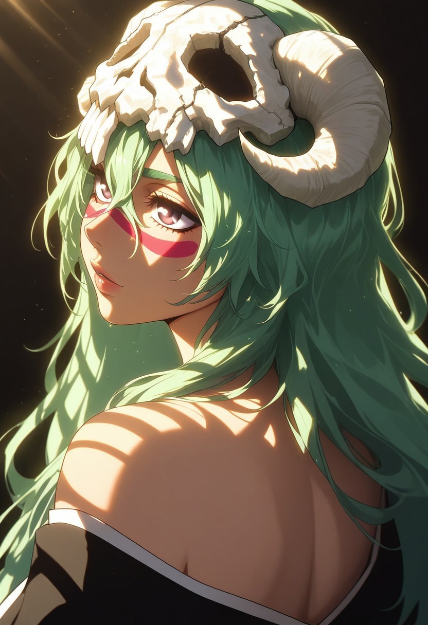 (masterpiece), (best quality), (ultra-detailed), 
1girl, solo,  gorgeous lips, an elegant face, 
light particle, particle, shadow, nelliel tu odelschwanck, bleach, detailed lips , black detailed pupils, from back, back,