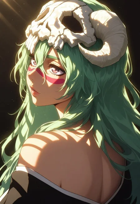 (masterpiece), (best quality), (ultra-detailed), 
1girl, solo,  gorgeous lips, an elegant face, 
light particle, particle, shadow, nelliel tu odelschwanck, bleach, detailed lips , black detailed pupils, from back, back,