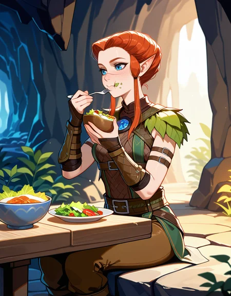 masterpiece, best_quality, high_quality, highres, extremely_detailed, ultra_detailed, detailed_eyes, skin_detail, intricate. subject_focus, depth_of_field, clean_lines, sharp_focus, perfect_anatomy. dramatic, cinematic.
KaghaBG3, Druid Outfit, 1girl, leather arm guard,nose face scar, pointy ears, brown pants, leaf shoulder guard
sitting one a stone, stone table, cave, eating salad, salad bowl, fork, full mouth,
