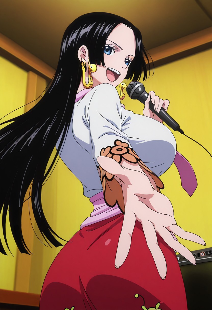 boahancock, 1girl, long hair, black hair, blue eyes, big breasts, , snake earrings, pin, sash, anime coloring, anime screencap, masterpiece, best quality, amazing quality, intricate ditails, BREAK,a person in person holding mic in front of cartoon character wearing headphones, , microphone, Karaoke background, indoors , holding, smile, necktie, shirt,Long Skirt, holding microphone, shirt, sleeves, open mouth, headphones,, hair ornament,back view, looking back, looking back, dutch angle,, reaching towards viewer,look back