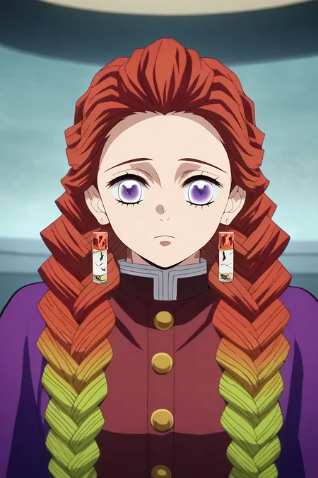 score_9, score_8_up, score_7_up, source_anime, intricate details, anime screencap, , , , , depth of field, 1girl, purple eyes, auburn hair, pageant costume, solo, (Circulation,Liquid crystal,Sepia,Tyrian Purple Radiant,Enlivening,Resonate ,Singularitie,Icosahedron,Heart ,Diagonal lines,Cork Flooring,Titanium-Lithium Matrix Wave propagation,Rotation,Parallax magic:1.0), <lora:kimetsu_no_yaiba_style_pony:0.74>, kimetsu_no_yaiba_style, <lora:sdxl_lightning_8step_lora:1>,