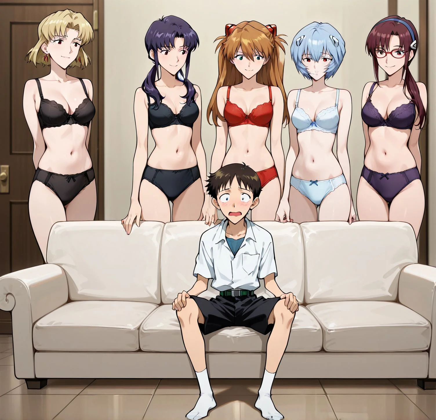 masterpiece, best quality, newest, absurdres, highres, detailed eyes, beautiful, detailed background, perfect eyes, anime coloring, anime screencap,
<lora:Piper_Perri_surrounded:0.7>Piper_Perri_surrounded,
Piper Perri surrounded , wide shot,
surrounded by 5 female, 5girls,1boy,
shirt,shorts,full body,underwear only, standing female,
a boy sitting cross-legged on the couch,
both legs folded and crossed in front of her body,
BREAK
souryuu asuka langley,
katsuragi misato, mature female, long hair,
akagi ritsuko,
makinami mari illustrious,
ayanami rei,
BREAK
Ikari Shinji,
neon genesis evangelion,