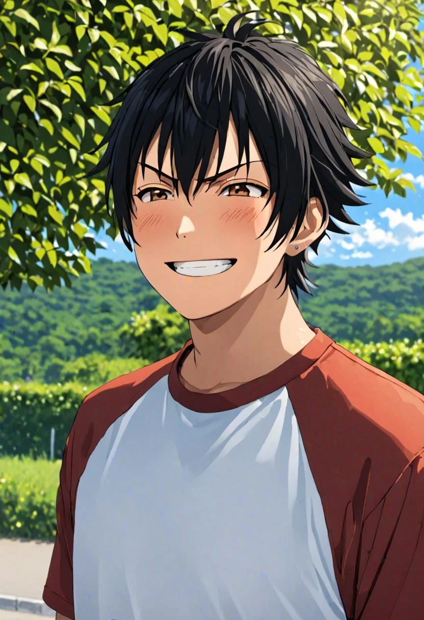 Yuusuke Fujisaki, masterpiece, Candid Photo, best quality, (1boy), solo, male focus, High definition, Black hair, 4K, Angry, Smile, outdoors