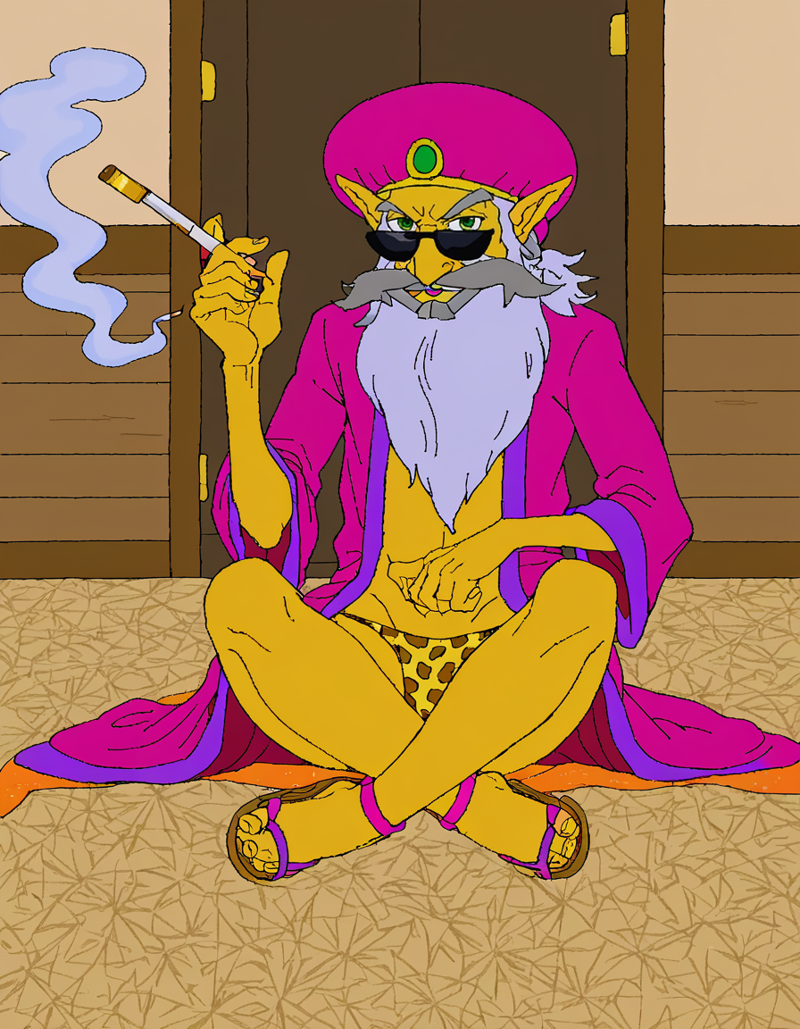 solo,1boy,hat,green eyes,pointy ears,colored skin,facial hair,beard,robe,open robe, skinny, bony, malnourished, cheetah print thong, turban, sandals,mustache, black sunglasses, smoking blunt, indoors, smoke, hazy, sitting, looking at viewer <lora:cdiStyleSDXL:1>