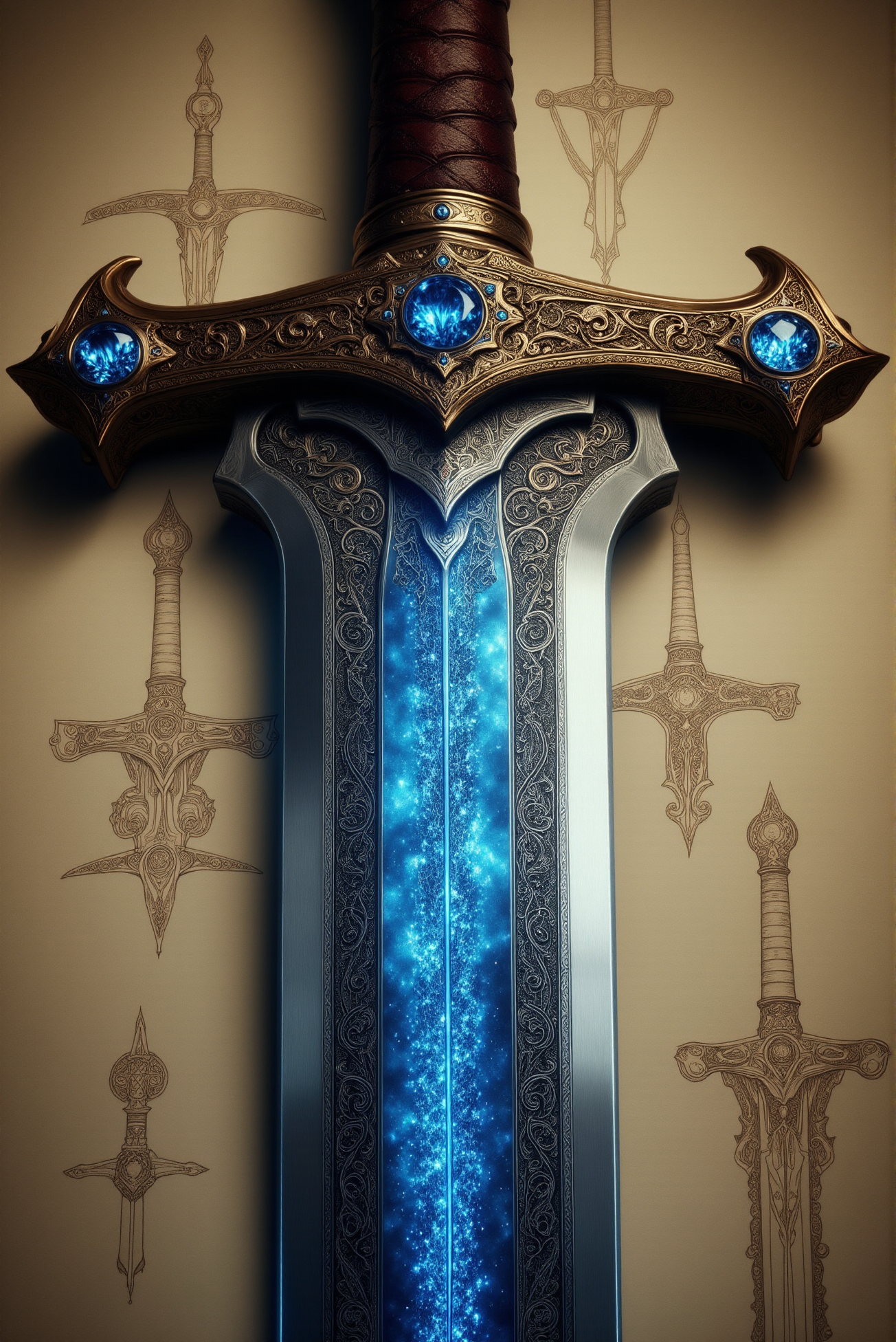 <lora:Cold_Weapon:0.75> ColdWeapons style.  
A macro shot of A hyper-detailed ultra close-up view of an ancient enchanted sword with a shimmering, razor-sharp blade inscribed with intricate runes and delicate filigree that glows with an ethereal blue light, the hilt wrapped in weathered leather accented by gem-like inlays catching every subtle reflection, every microscopic etching and battle-worn imperfection captured in cinematic macro detail to reveal the weapon's storied past and mystical aura., technical drawing, blueprint, schematic