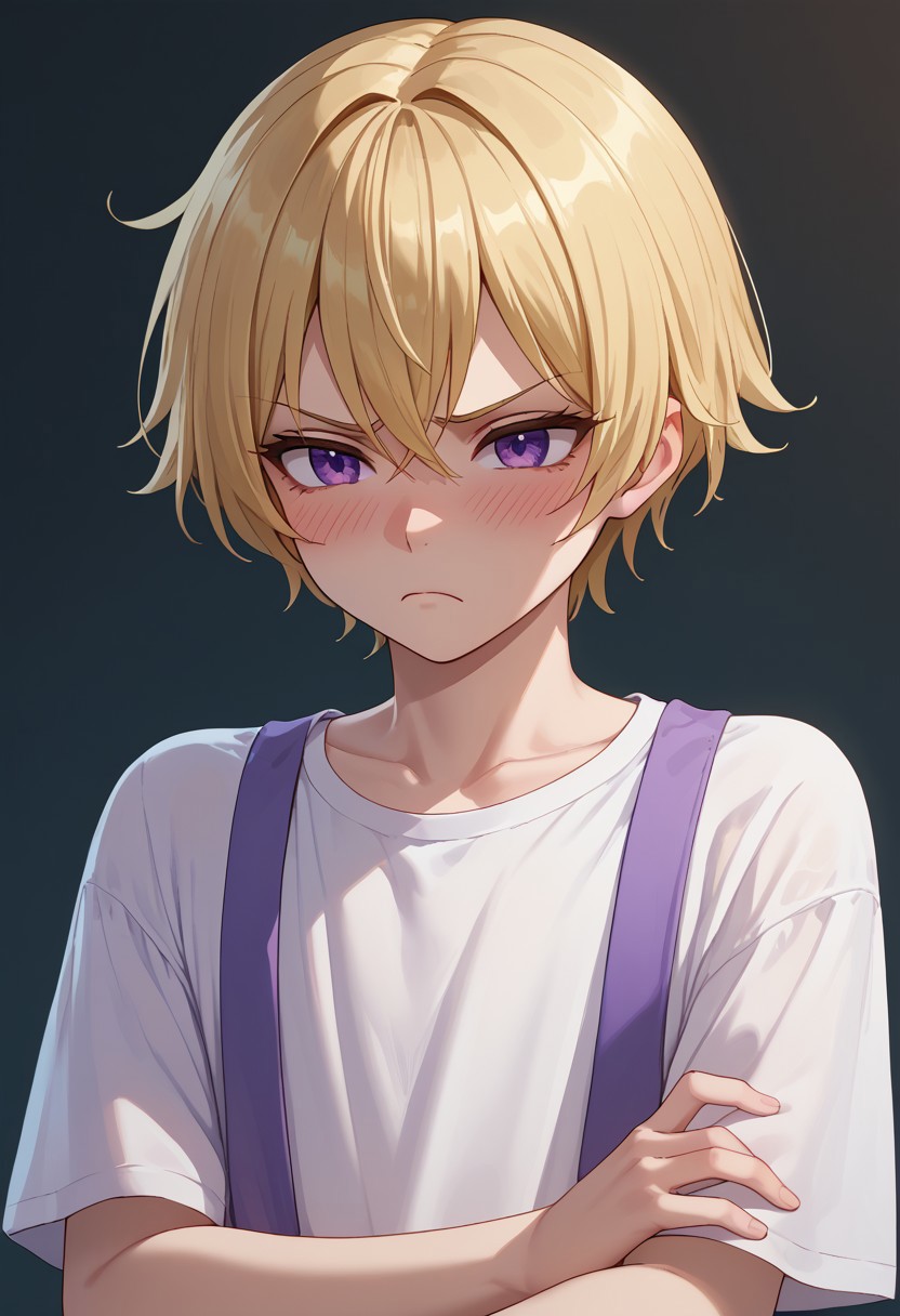 score_9, score_8_up, score_7_up, limgae, original, androgynous, blonde hair, blush, frown, purple eyes, short hair
