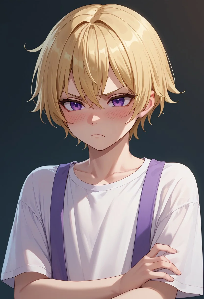 score_9, score_8_up, score_7_up, limgae, original, androgynous, blonde hair, blush, frown, purple eyes, short hair