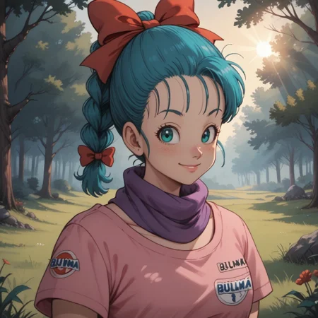 score_9, score_8, BREAK, solo, Bulma_(Dragon_Ball), blue hair, hair bow, braided ponytail, purple scarf, green eyes, cute girl, pink shirt, short sleeves, self portrait, smile, looking at viewer, outdoors, sunlight, shadows, evening lighting, natural lighting, forest, trees, grass, orange sky, sunset