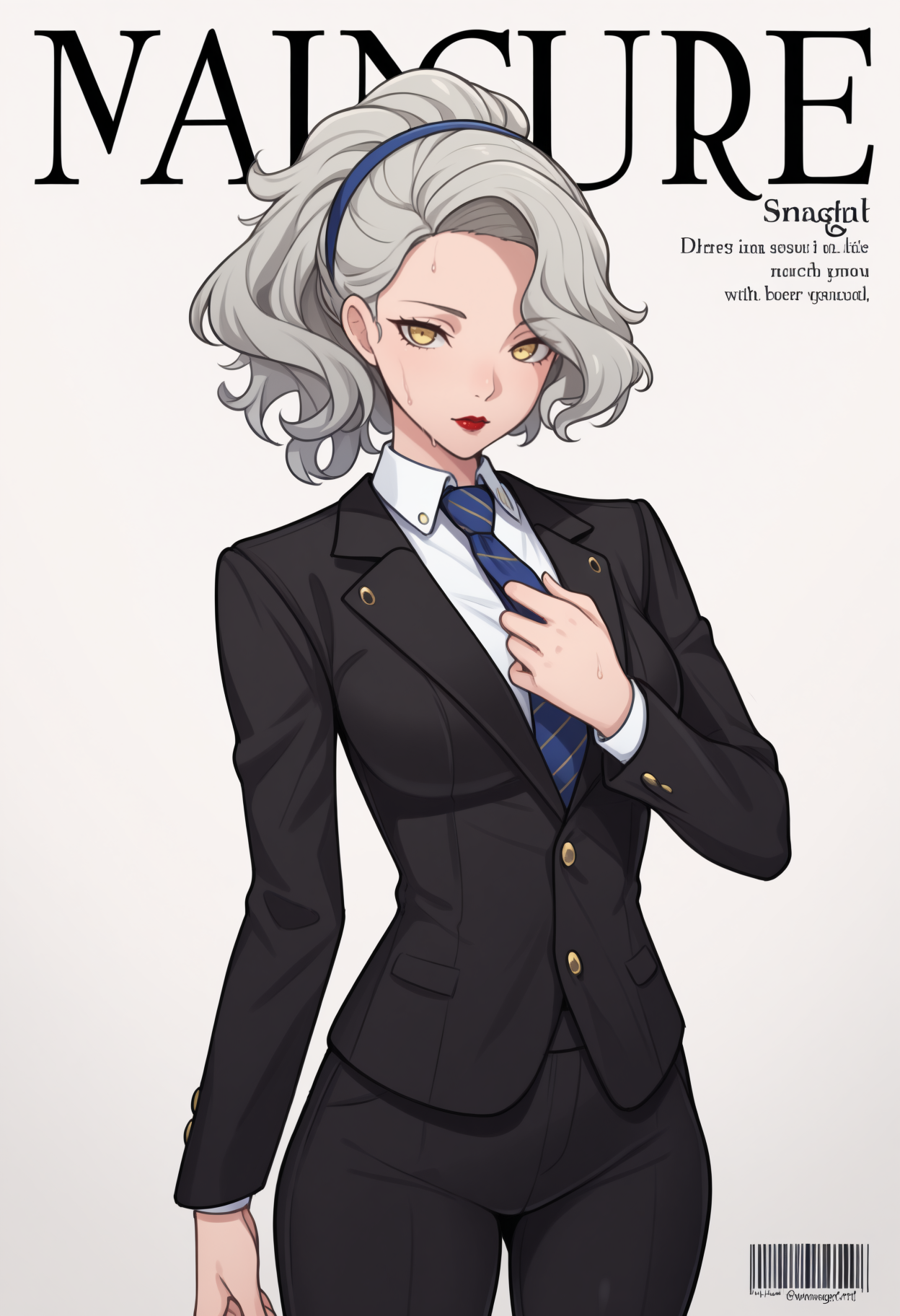 masterpiece, best quality, newest, fake magazine cover, english text, barcode, solo, 1girl, marg4ret, red lips, sweat, expressionless, looking at viewer, standing, adjusting necktie, long hair, grey hair, wavy hair, ponytail, blue hairband, yellow eyes, black jacket, suit jacket, long sleeves, white shirt, collared shirt, diagonal-striped necktie, blue necktie, black pants, simple background
<segment:yolo-Anzhc Face seg 640 v3 y11n.pt,0.4,1//cid=11>