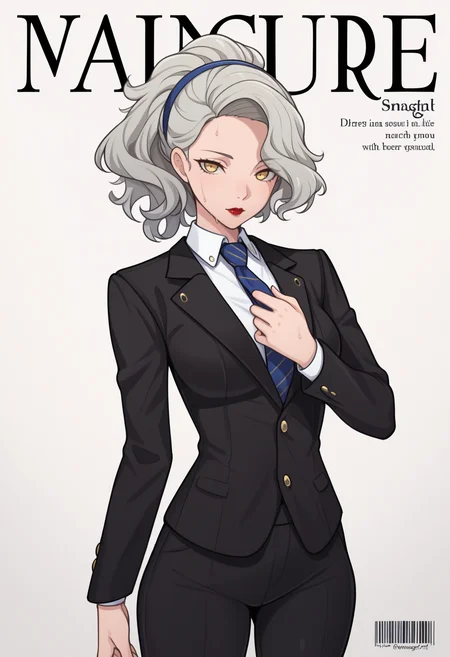 masterpiece, best quality, newest, fake magazine cover, english text, barcode, solo, 1girl, marg4ret, red lips, sweat, expressionless, looking at viewer, standing, adjusting necktie, long hair, grey hair, wavy hair, ponytail, blue hairband, yellow eyes, black jacket, suit jacket, long sleeves, white shirt, collared shirt, diagonal-striped necktie, blue necktie, black pants, simple background
<segment:yolo-Anzhc Face seg 640 v3 y11n.pt,0.4,1//cid=11>