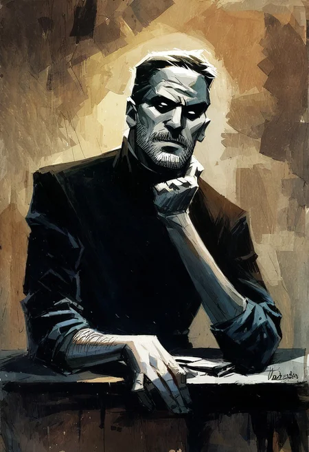 score_9, score_8_up, score_7_up, score_6_up, 1boy, watercolor painting, portrait, Tony Stark folding his hands, dynamic angle, dynamic pose, looking at viewer, sinister, noir, lighting, shadows, dark background, subtle smirk, turtleneck sweater, pencil mustache, stubble, sitting at a desk, high contrast, charcoal sketch, computer screens, stock market analytics,
