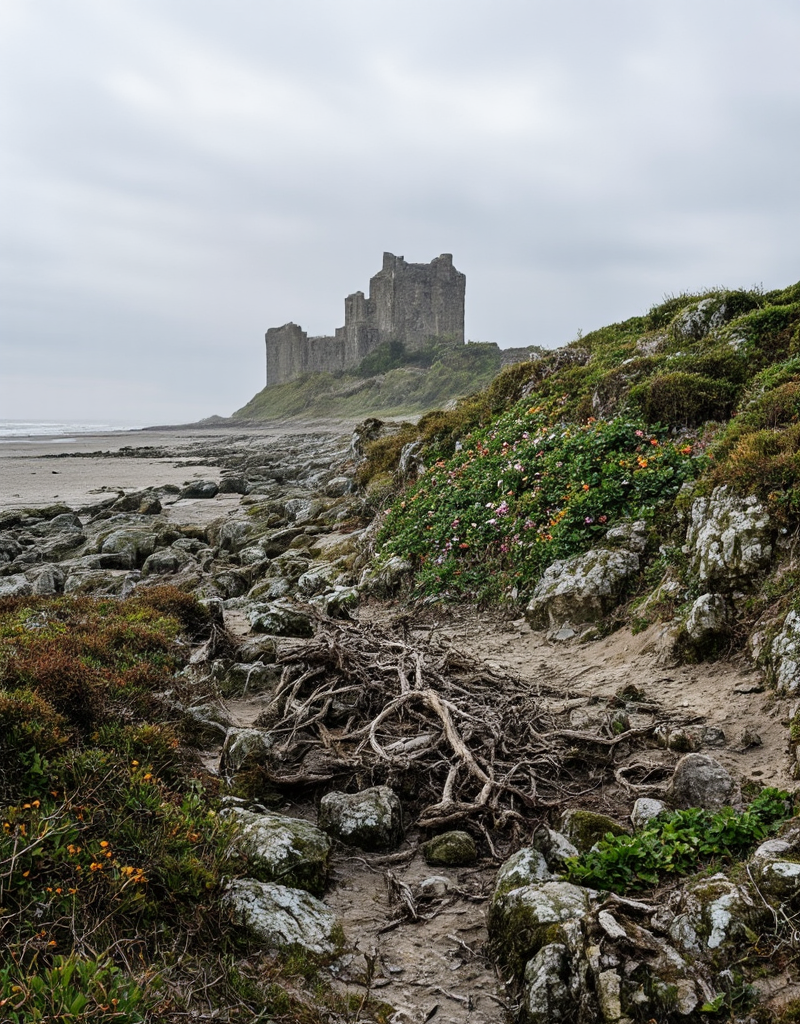<lora:YCO_flux_F1b:0.7> yco_flux, castle, outside, vegetation, closeup, dirty, crackled, flowers, roots, scattered rocks, dust, (moss:0.4), water, clouds, mist, sea, waves, beach,