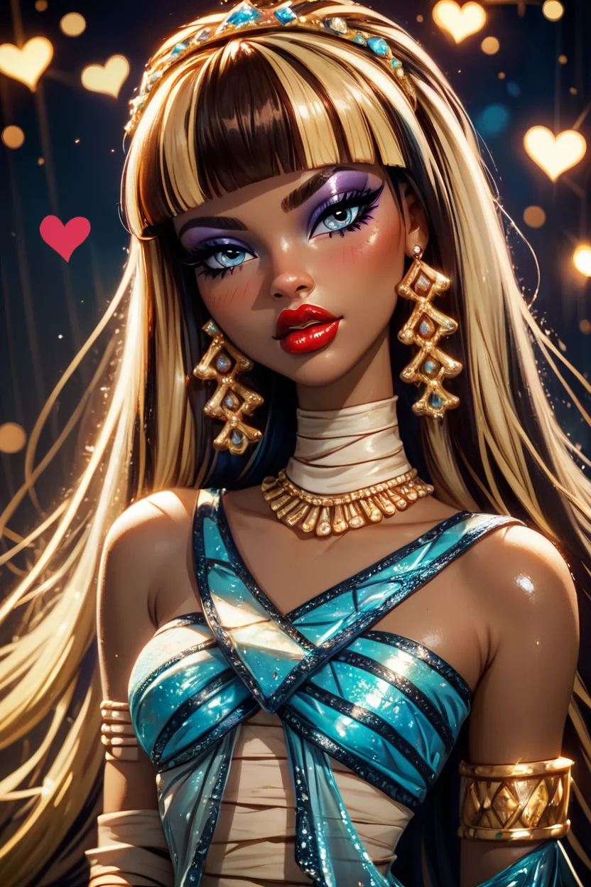 score_9, score_8_up, score_8, medium breasts, (curvy), cute, eyelashes, BREAK, , zzCleo, long hair, multicolored hair, dark skin, blunt bangs, bangs, two-tone hair, black hair, blonde hair, streaked hair, eyeliner, very long hair, brown hair, makeup, lipstick, bandages, mummy costume, jewelry, earrings, eyeshadow, dress, armlet, red lips, <lora:Cleo_MH_PDXL:0.8>, , BREAK, (ultra realistic,32k, masterpiece:1.2),(high detailed skin:1.1),( high quality:1.1), curvy, head tilt, hearts, blush, lips, closed mouth, curvy, head tilt, shiny clothes, (upper body), looking at viewer, bokeh, luminescent background, ,,, embedding:zPDXL, Expressiveh, ,,, <lora:RlAnmPDXL:1.0>,