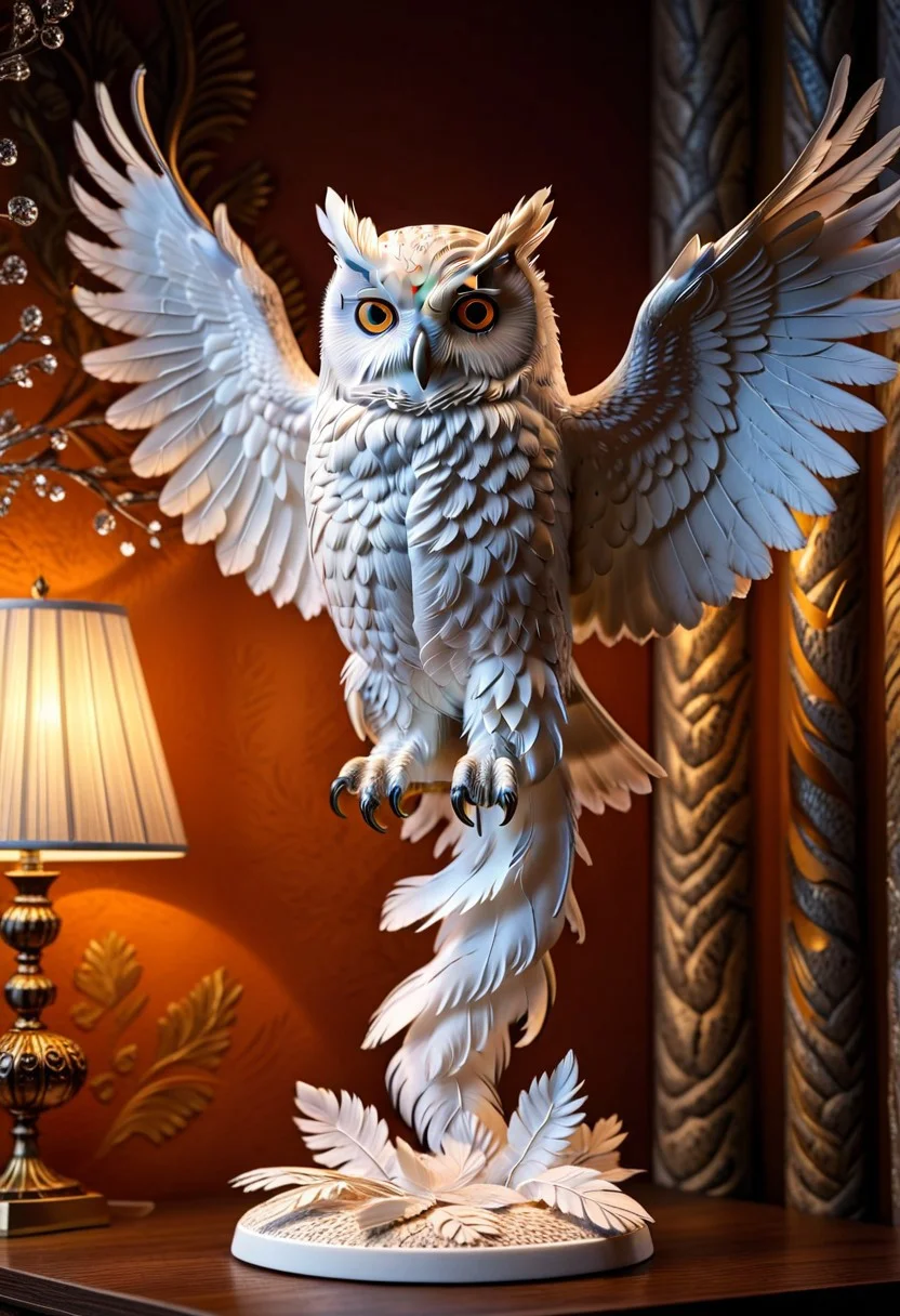 A photorealistic image of a majestic owl figure,
crystalstexture skin,(extremely delicate and beautiful), highly detailed, WhiteMold, art style, 3d printed mold,
intricate details, dramatic composition, contrast, texture, realism, high quality, stunning art, film grain, volumetric lighting, detailed,
background is cozy room,