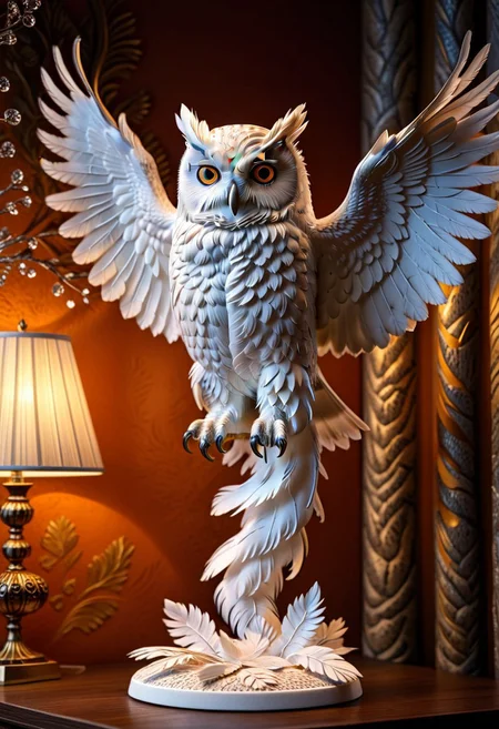 A photorealistic image of a majestic owl figure,
crystalstexture skin,(extremely delicate and beautiful), highly detailed, WhiteMold, art style, 3d printed mold, 
intricate details, dramatic composition, contrast, texture, realism, high quality, stunning art, film grain, volumetric lighting, detailed, 
background is cozy room,