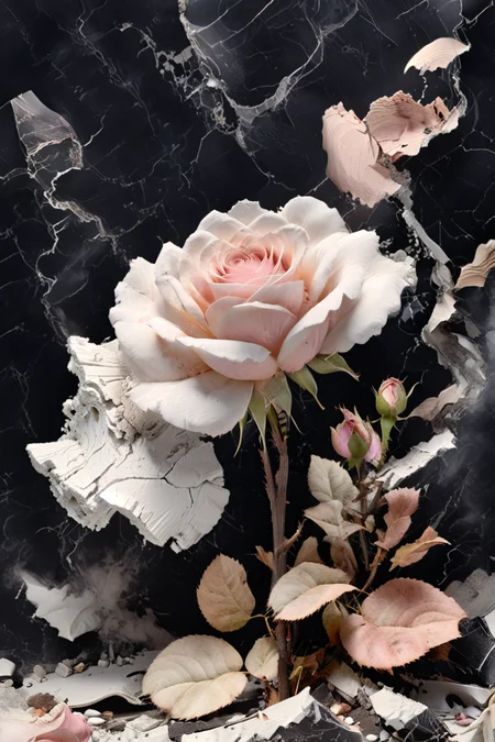Smoke rose. Broken white plaster. Broken marble. Dirt, Dust. <lora:xl_more_art-full_v1:1> <lora:add-detail-xl:3> <lora:Linocut_Style:1>
