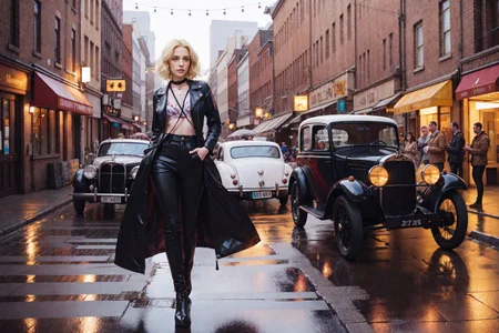 ZM_aisling, (sharp focus moody color photo of irish adult woman in a 1930s noir gangster suit, intense situation:1.3). ("ODY" sign:1.5). sprinkling rain, stands in alley, (style of Gregory Crewdson:1.5), gangster film aesthetic, dark moody cinematography, vintage American cars, rain-soaked streets, 1930s clothes, prohibition-era motifs, moody atmospheric settings, a street scene with vintage cars parked along a cobblestone road, adult woman dressed in trench coat over pant suit, aura of suspense and intrigue, noir-inspired lighting casting long shadows, dimly lit alleyways with flickering street lamps, a speakeasy entrance in the background, Dust Bowl influences with a gritty and somber atmosphere, overcast sky with drizzling rain, reflections on the wet pavement, a sense of mystery and tension in the air, capturing the essence of the Great Depression era. (skinny waist, sexy feminine hips, adult European adult woman:1.55), (full body dynamic pose, full length, wide shot, entire person, standing, head to toe, long shot, distant view), (chin-length short hair, bleached blonde curly hair, center part:1.53), (24 years old feminine, European adult woman:1.22), lightly freckled, black leather oxfords, classic round toe, timeless style, classic mary janes,