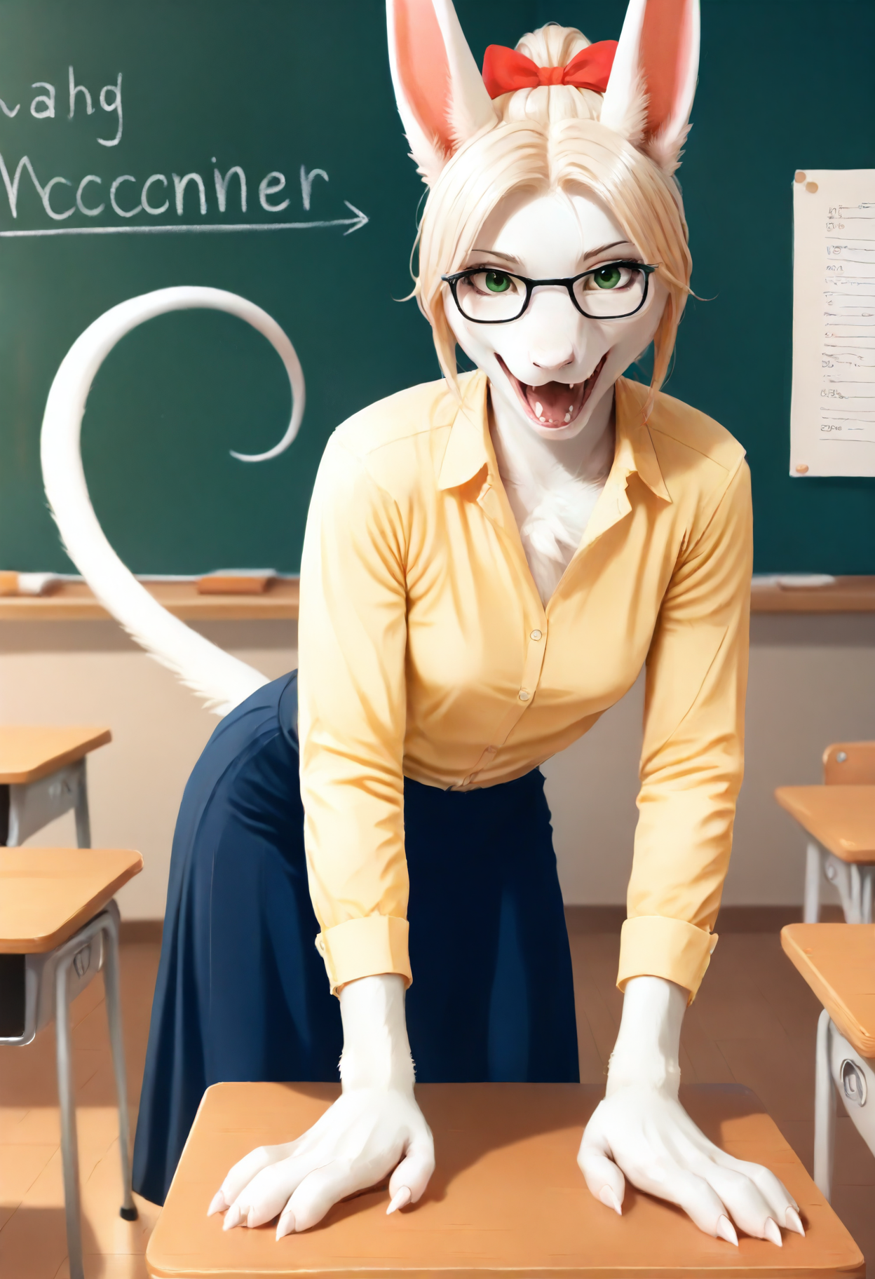 freyac, female, white fur, green eyes, platinum blonde hair, tail, hair bow, red hair bow, realistic, tall, mature, mature_female, yellow shirt, button-up shirt, dark blue skirt, long skirt, small breasts, glasses, ponytail, standing, leaning forward, ears, closeup, teeth,
BREAK, looking at viewer, talking, mouth open, teacher, happy, cowboy shot, from front, indoors, classroom, classroom_desk, blackboard, chalkboard, window, text, blurry background, bokeh, solo, 1girl,
,  <lora:Freya11b s97:1>