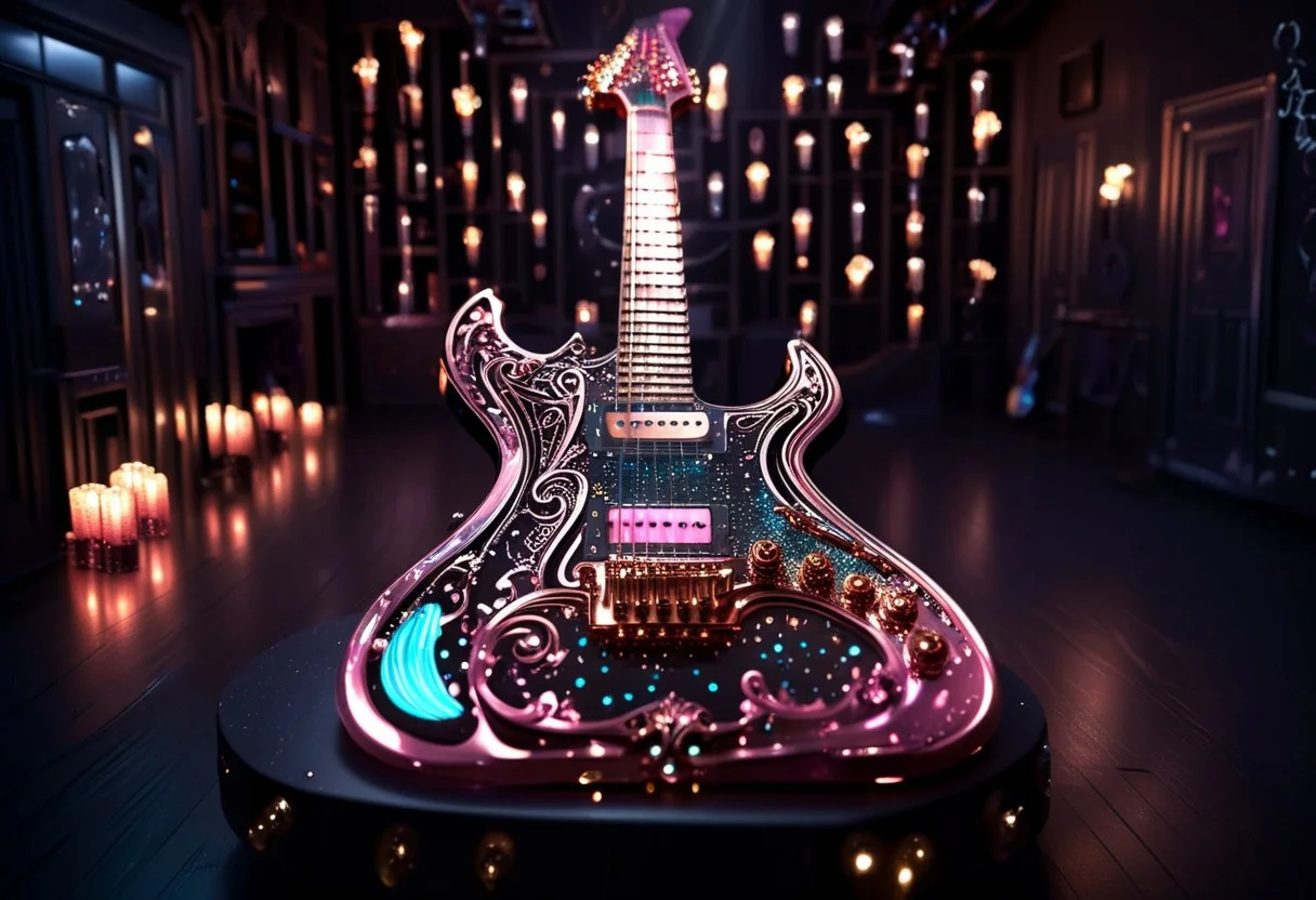 RAW photo of a very detailed reflective guitar with whimsical elements, completely dark studio, full of mirrors and few candles, magical glowing guitar,( the room is dark:2), only light of source is coming from the guitar, cyan and pink neon, strong highlights, complimentary colors, reflective enviroment, spot lights, futuristic style, 90% black and 10% gold colors, big white diamonds on the guitar, strong depth of field, darkness, dramatic light, dusty black theme, intricate details, ultra sharp, exquisite detail, flawless composition, vivid colors, masterpiece, exciting background, timeless elegant and Exquisite