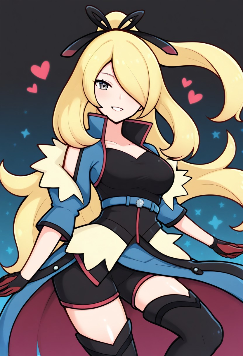 2d, masterpiece, best quality, amazing quality, 1girl, solo, close-up, standing, smile, upper body, cowboy shot, looking at viewer, simple background, colorful background, hearts, stars, auracynthia, def colors, grey eyes, blonde hair, very long hair, ponytail, black hair ribbon, hair over one eye, collarbone, blue jacket, shoulder cutout, red gloves, black shirt, blue belt, black shorts, showgirl skirt, blue skirt, red lining, thigh boots, high heels boots, black footwear, score_9, score_8_up, score_7_up,source_anime