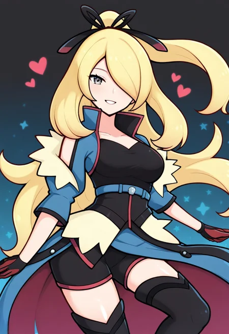 2d, masterpiece, best quality, amazing quality, 1girl, solo, close-up, standing, smile, upper body, cowboy shot, looking at viewer, simple background, colorful background, hearts, stars, auracynthia, def colors, grey eyes, blonde hair, very long hair, ponytail, black hair ribbon, hair over one eye, collarbone, blue jacket, shoulder cutout, red gloves, black shirt, blue belt, black shorts, showgirl skirt, blue skirt, red lining, thigh boots, high heels boots, black footwear, score_9, score_8_up, score_7_up,source_anime