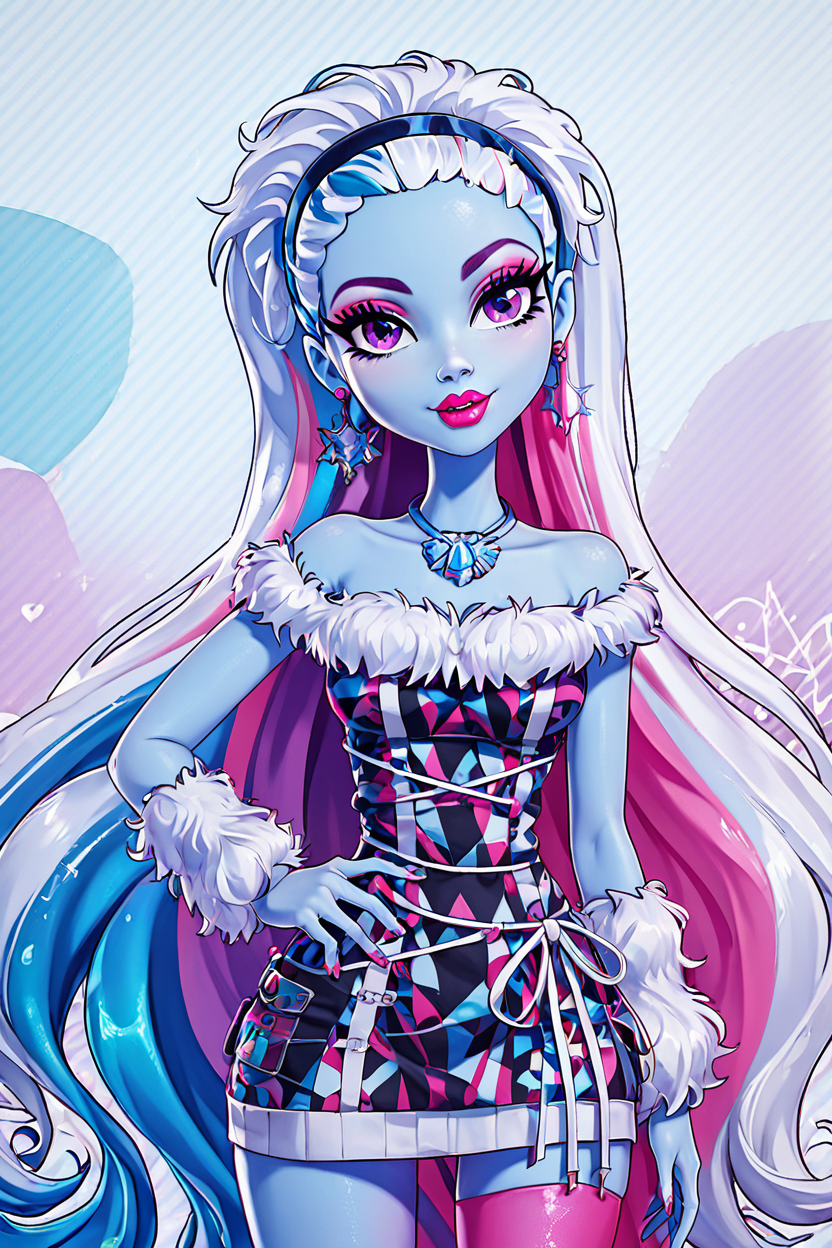 score_9, score_8_up, score_8, medium breasts, (curvy), cute, eyelashes,       ,,, , ,,, zzAbbey, purple eyes, blue hair, hairband, long hair, multicolored hair, pink hair, very long hair, white hair, colored skin, blue skin, makeup, jewelry, dress, earrings, fur trim, bare shoulders, necklace, eyeshadow, lipstick,  <lora:AbbeyBominable_MH_PDXL:0.8>,    ,,,, BREAK, smile, looking at viewer, cowboy shot, ,,, embedding:zPDXL, Expressiveh, ,,, <lora:Zy0n7_PDXL:0.8>, <lora:SDXLFaeTastic2400:0.5>, <lora:Expressive_H-000001:0.4>,