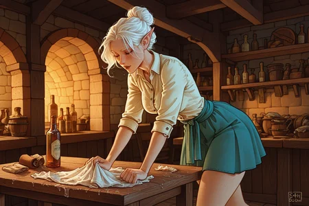 solo, waitress, skirt, elf, woman, medium breasts, big thighs, skindentation, white hair, long eyelashes, hairbun, working, busy, freckles, wipes the table with a wet rag, looks on table,
walking around the tavern, medieval, s4sh4dow, colorful,
tables, shelves with alcohol bottles, dynamic, dynamic pose,
<lora:SaShadowArt-illustrious:1>