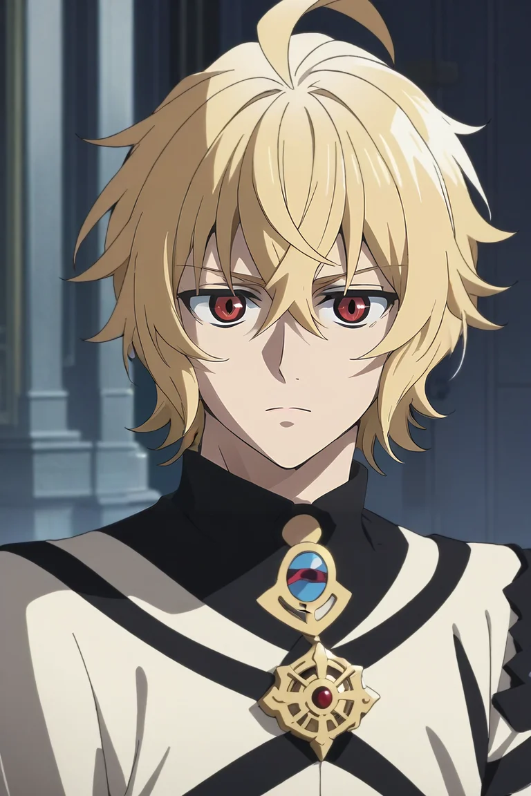 score_9, score_8_up, score_7_up, source_anime, , anime screencap, anime coloring, , , , , 1boy, solo, male focus, <lora:mikaela_hyakuya_pony:0.74>, mikaela_hyakuya, blonde hair, red eyes, short hair, hair between eyes, bangs, ahoge, gothic costume, , , <lora:sdxl_lightning_8step_lora:1>